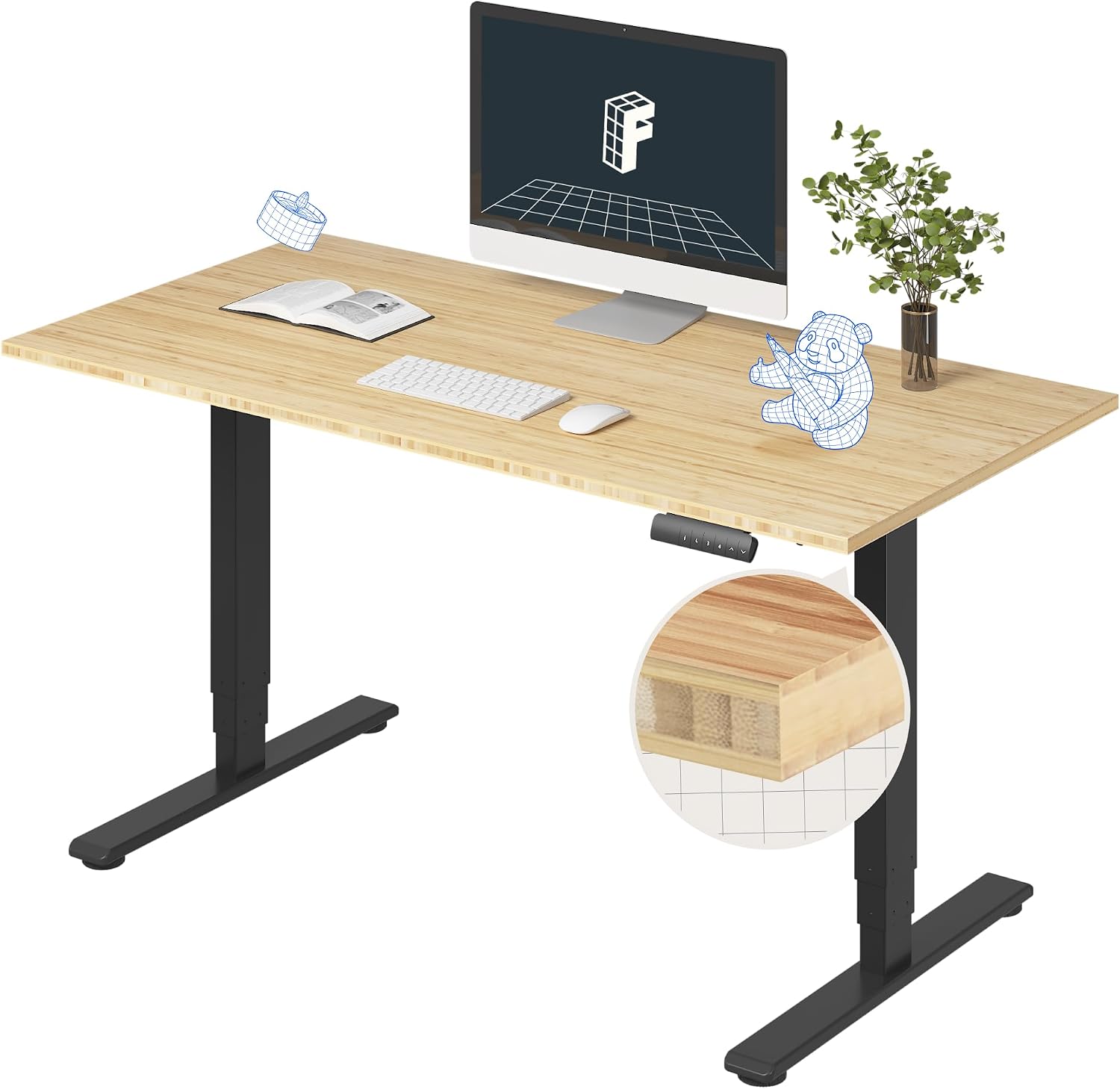 FlexiSpot E6 Bamboo 3-Stage Dual Motor Electric Standing Desk 55 x 28 Sit Stand Up Desk, Holds 220 lbs, Adjustable Height w/ Memory Presets, Solid Bamboo Desktop & Black Frame, Ships in 2 Boxes
