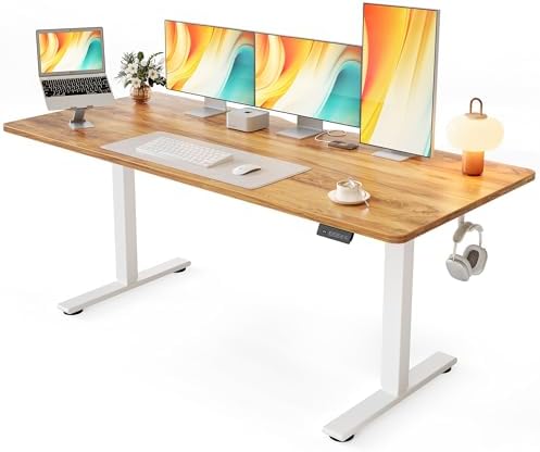 Cubiker Standing Desk, 48x24 Inches Sit Stand Home Office Desk, Electric Stand up Desk, Adjustable Desk with Splice Board, White Frame/Maple Top