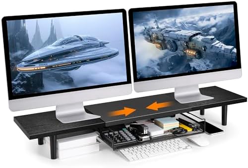Across-Star Dual-Monitor Stand for Desk - Large Adjustable Length and Angle Riser for 2 Monitors, Double Computer Desktop Organizer, Shelf for TV, Laptop, Printer
