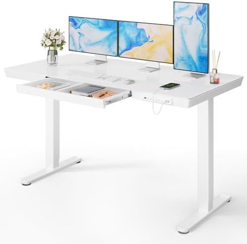 Marsail Glass Standing Desk with Drawer, 48 x 24 inch Electric Standing Desk, Height Adjustable Desk with One-Piece Tabletop and USB Charging Ports