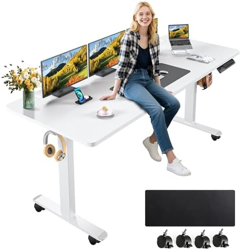 farexon Electric Standing Desk Adjustable Height, 48x 24 Inches Sit Stand Up Computer Desk with Double Metal Hook，4 Memory Preset Heights, 27''-46'' Lifting Range for H