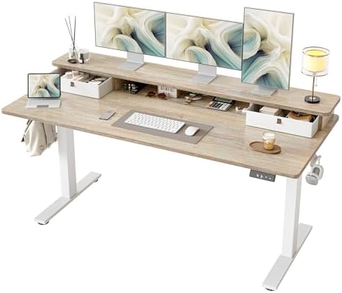 TIQLAB 48 * 24 inch Standing Desk with Two Drawers&Top Shelf, Maple