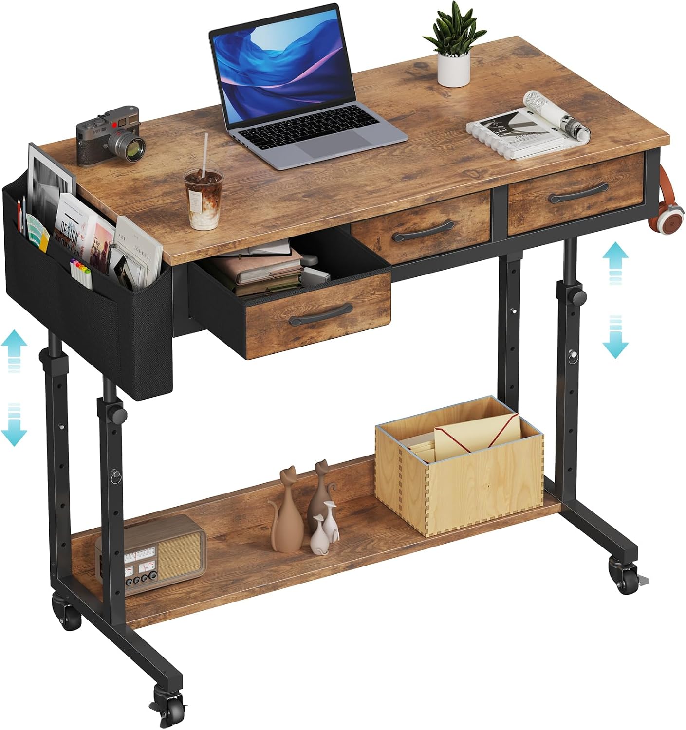 WINAZ Rolling Standing Desk Adjustable Height with Drawers on Wheels, 40 Inch