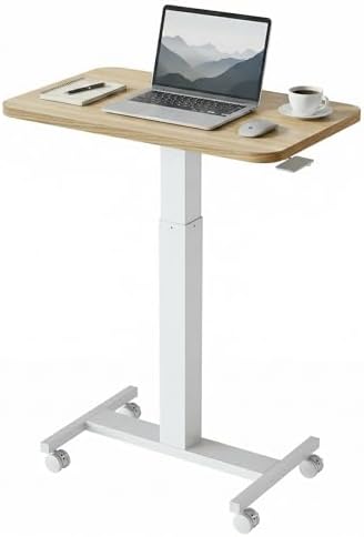 HUANUO Small Rolling Laptop Standing Desk, Height Adjustable Mobile T-Base Desk with Lockable Casters, Portable Sit-Stand Workstation for Bedside & Sofa, Walnut
