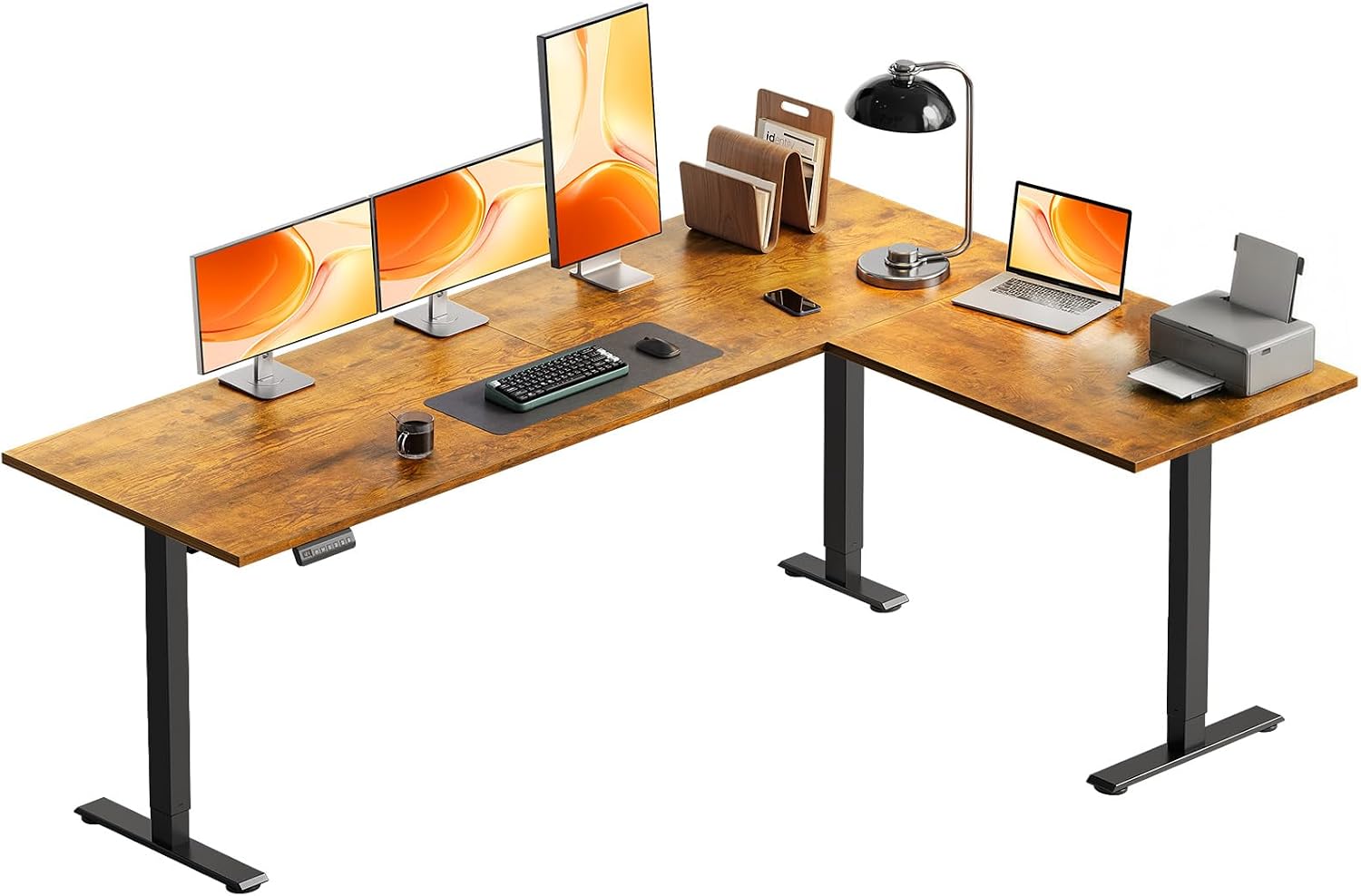OffiGo 71 Inch Reversible L Shaped Electric Standing Desk, Rustic Brown