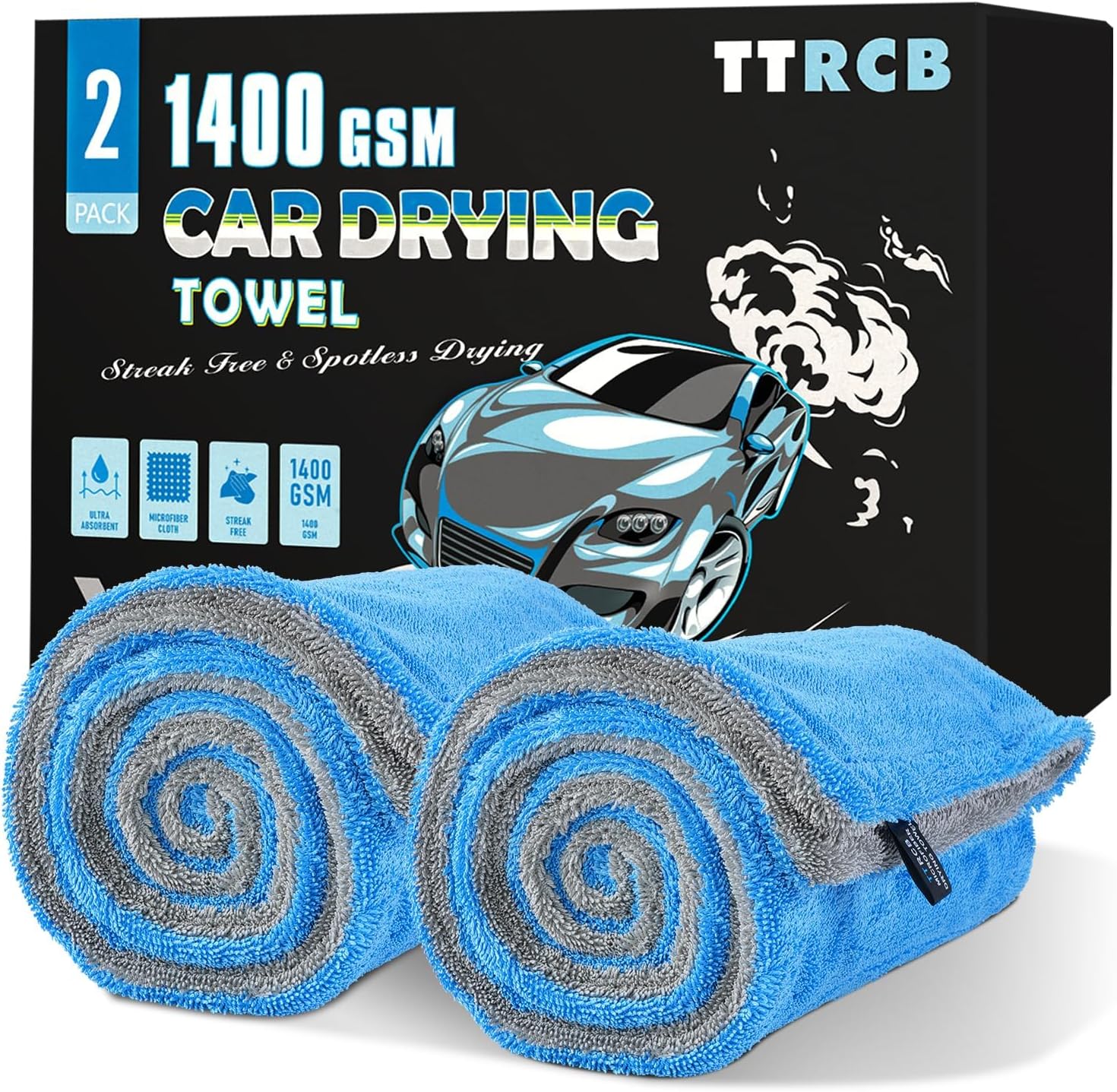 TTRCB 2 Pack Car Drying Towels, 48 x 24 inch, 1400 GSM Microfiber