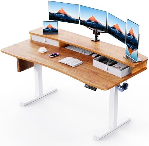 HUANUO 32x19 Inch Small Electric Standing Desk, Adjustable, Light Walnut