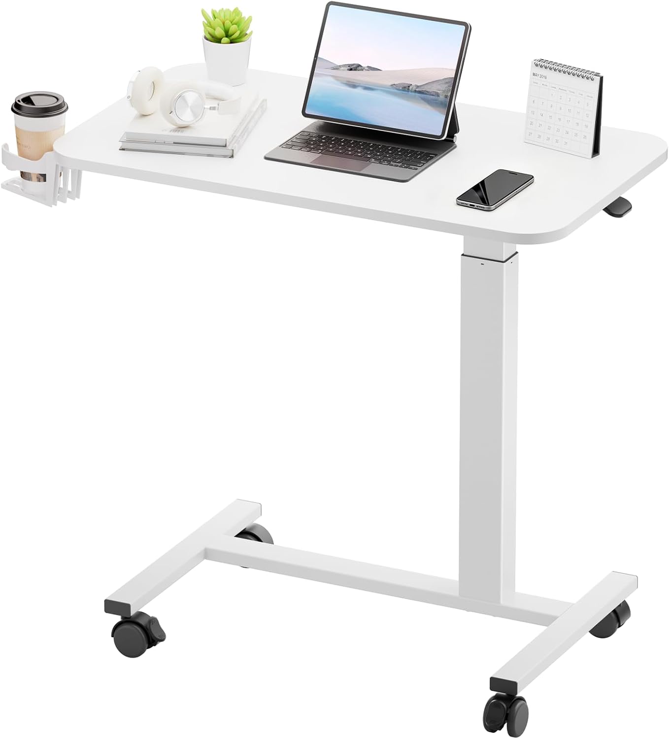GTPLAYER Small Standing Desk with Wheels, Pneumatic Mobile Rolling Laptop Desk, Adjustable Height Overbed Bedside Table Computer Workstation for Home Office, 28 inch W x 16 inch D, White